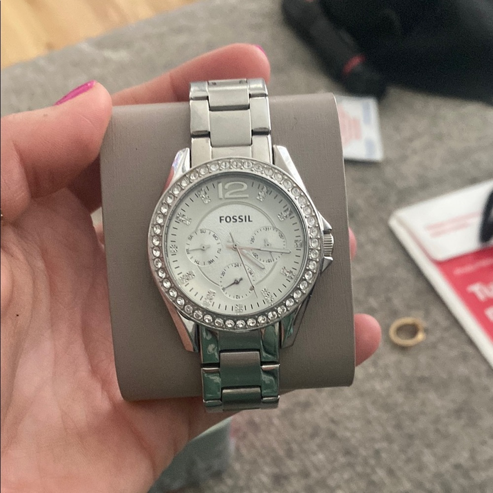 Fossil Silver Watch with Crystal Accents
